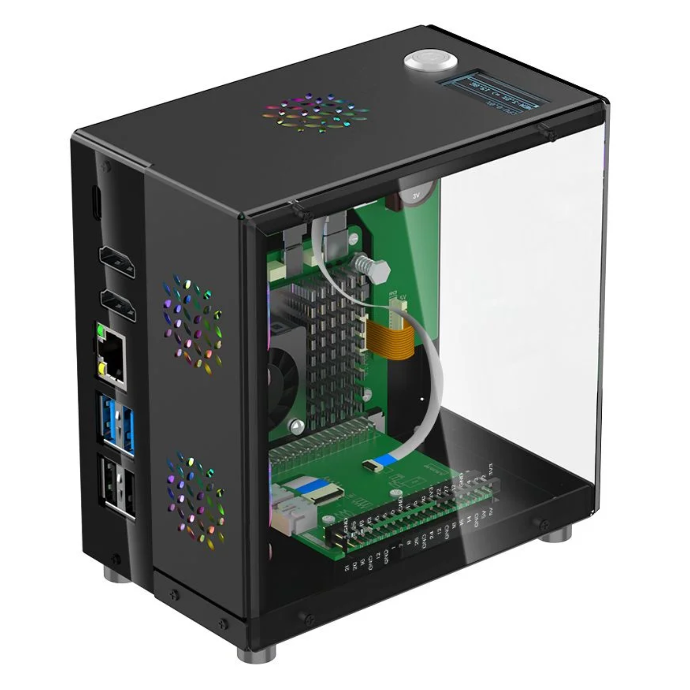 Elecrow Pitower Gen 1 Raspberry Pi 5 Mini PC Case With 3 Fans and 1.3” OLED Screen