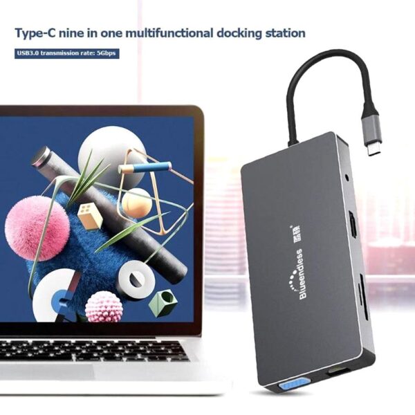 Blueendless 10 in 1 USB-C Hub Docking Station Adapter with 3 * USB 3.0 / 60W Type-C PD / 4K HD Display Video Output / 1080P VGA / RJ45 Network Port / 3.5mm Audio Jack/Memory Card Readers - Image 2