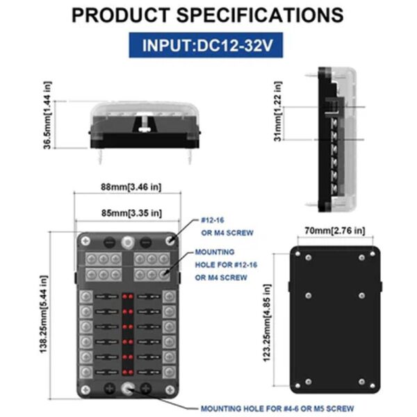 12-Way Car Boat Blade Fuse Box Block Holder LED Indicator 12V 32V Auto Marine Waterproof Power Distribution Panel Board - Image 7