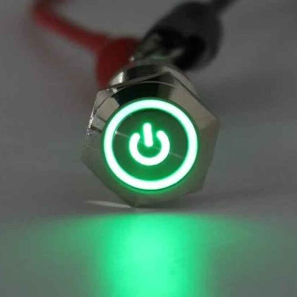 16mm 12V Green Non-Latching Metal Push Button Waterproof 2 Pin - Image 2
