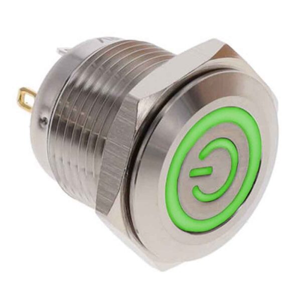 16mm 12V Green Non-Latching Metal Push Button Waterproof 2 Pin