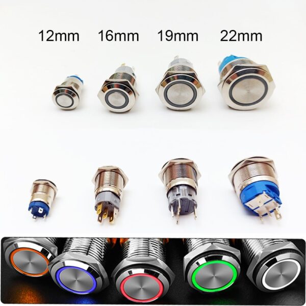 Flat Head 16MM 220V Yellow Momentary Non-Latching Metal Push Button Waterproof Switch with Led Light - Image 2