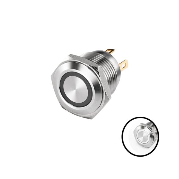 Short Flat Head 16MM 220V White Momentary Non-Latching Metal Push Button Switch with Led Light Waterproof