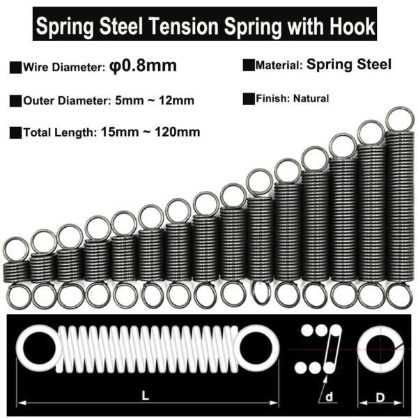 Spring 100mm Length Wire Diameter 0.8mm, OD 10mm Steel Tension Closed Hook Cylindroid Helical Pullback Extension Coil - Image 2