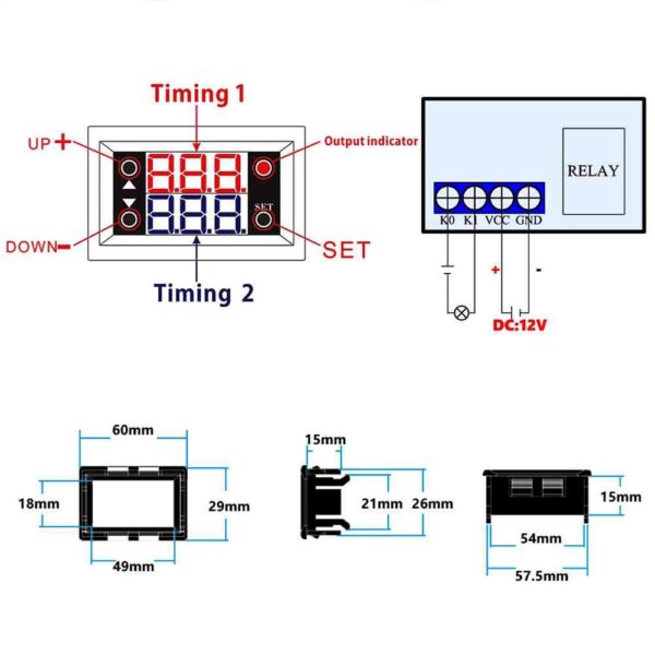 DC 12V Dual LED Display Timing Delay Relay Module Cycle Timer Digital 20A 0-999 Seconds Minutes Hours Cycle Time Control Switch - Image 3