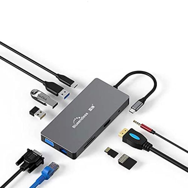 Blueendless 10 in 1 USB-C Hub Docking Station Adapter with 3 * USB 3.0 / 60W Type-C PD / 4K HD Display Video Output / 1080P VGA / RJ45 Network Port / 3.5mm Audio Jack/Memory Card Readers