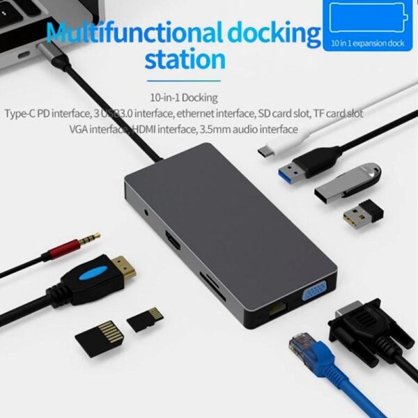 Blueendless 10 in 1 USB-C Hub Docking Station Adapter with 3 * USB 3.0 / 60W Type-C PD / 4K HD Display Video Output / 1080P VGA / RJ45 Network Port / 3.5mm Audio Jack/Memory Card Readers - Image 3